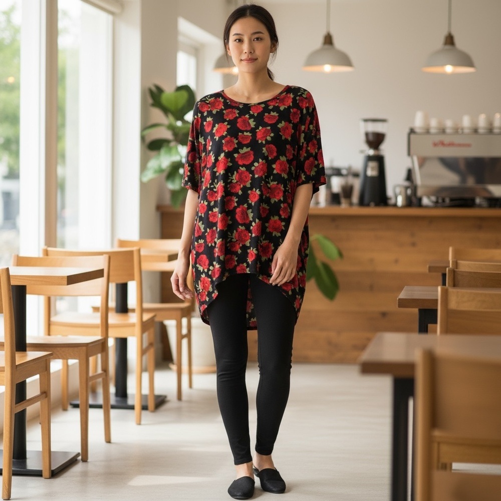 Gorgeous oversized‎ loose fitting black blouse with red roses.